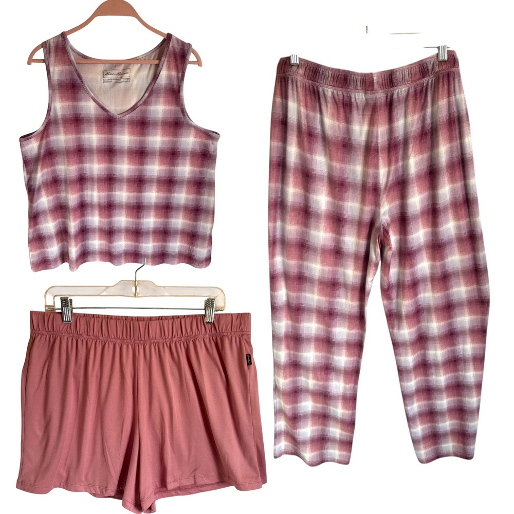 Eddie Bauer Pink 3 piece Pajama Set Plaid Tank Top Pants Shorts XL Lounge Soft